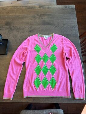 Lilly Pulitzer Bright Pink V-Neck Sweater with Green Argyle